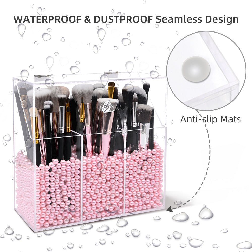 1 Piece Makeup Brush Holder,Dustproof Cosmetic Brush Organiser Storage Box,  Brush Organizer with Lid，Dustproof Makeup Brush Containers with Pink Pearls  