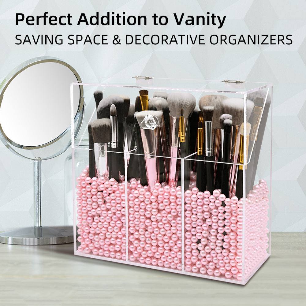 Makeup Organizer, Acrylic Makeup Brush Holder with a Pack of Beads Cosmetic  Brush Storage Box Makeup Brush Pot with Lid for Bathroom Bedroom Dressing  Table (White Beads) 